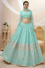 Sky Blue Georgette Lehenga Choli For Indian & Pakistani Wedding Festival - Sequins & Thread Embroidery Work, Zari Work