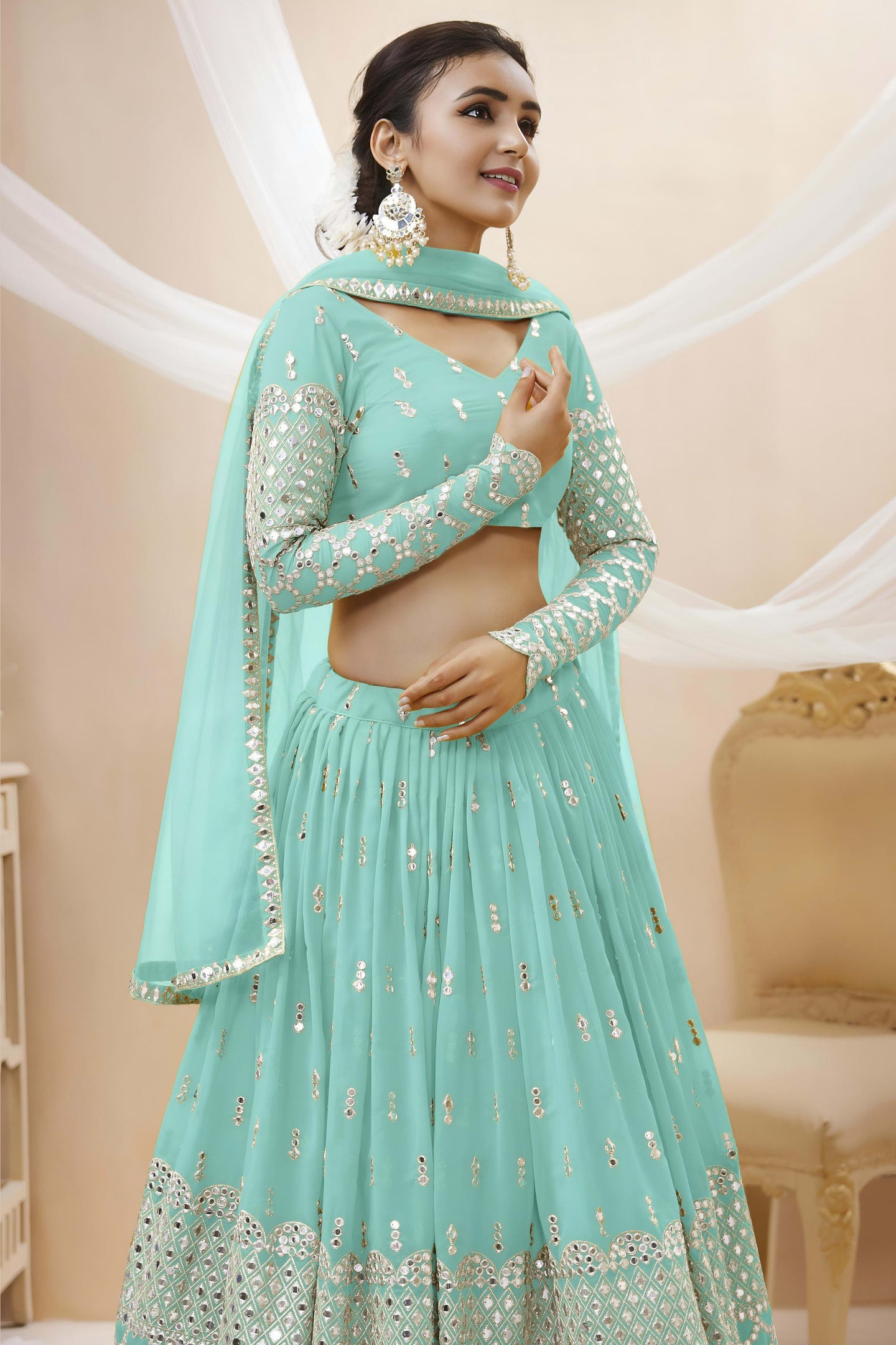 Sky Blue Georgette Lehenga Choli For Indian & Pakistani Wedding Festival - Sequins & Thread Embroidery Work, Zari Work