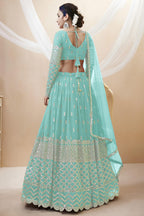 Sky Blue Georgette Lehenga Choli For Indian & Pakistani Wedding Festival - Sequins & Thread Embroidery Work, Zari Work