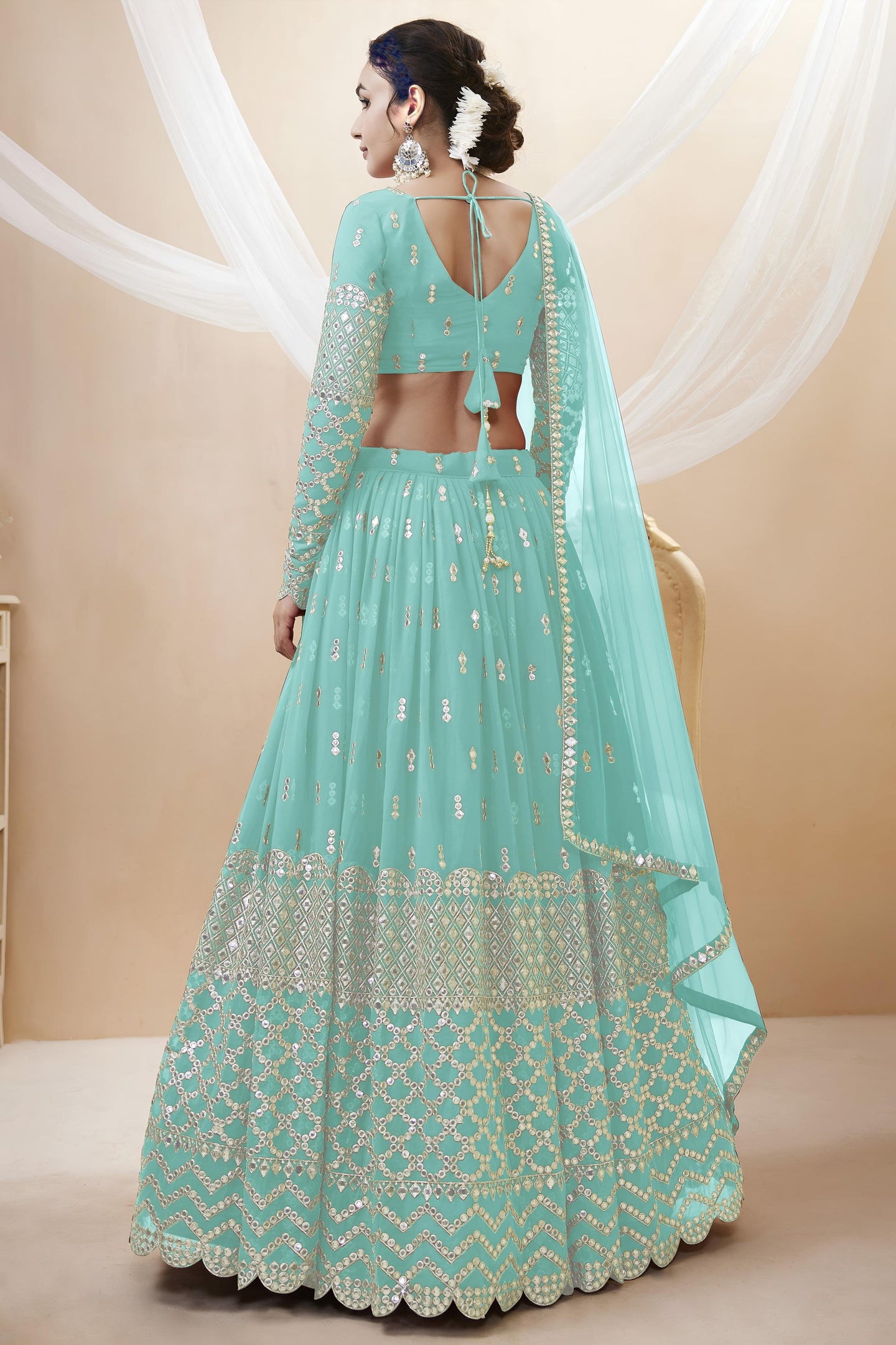 Sky Blue Georgette Lehenga Choli For Indian & Pakistani Wedding Festival - Sequins & Thread Embroidery Work, Zari Work