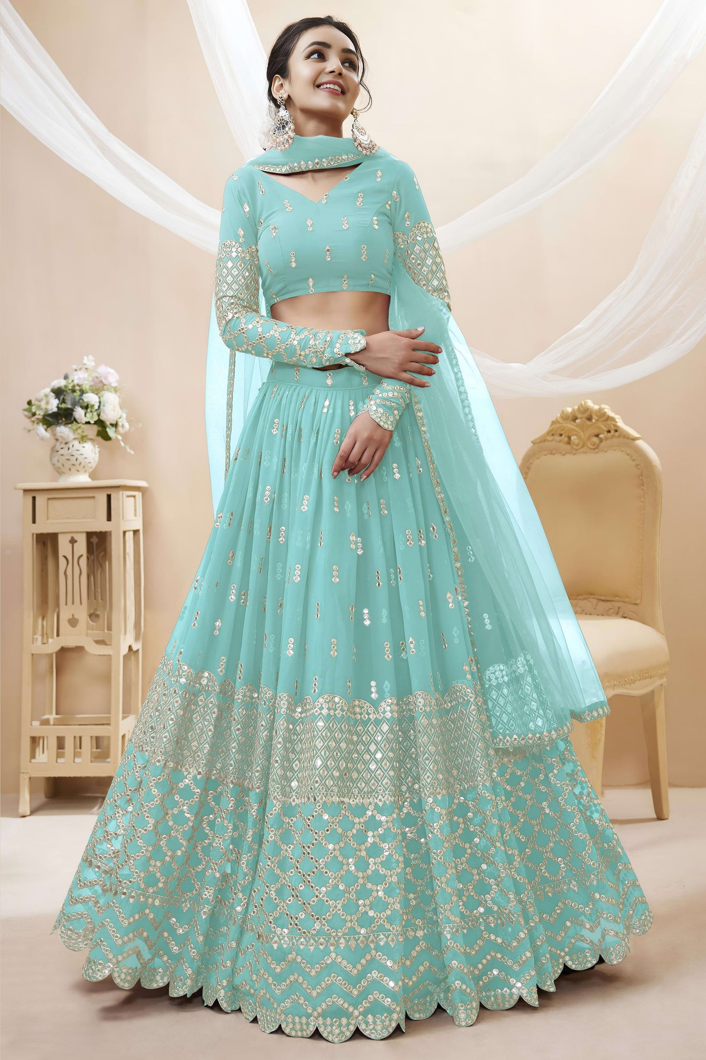 Sky Blue Georgette Lehenga Choli For Indian & Pakistani Wedding Festival - Sequins & Thread Embroidery Work, Zari Work
