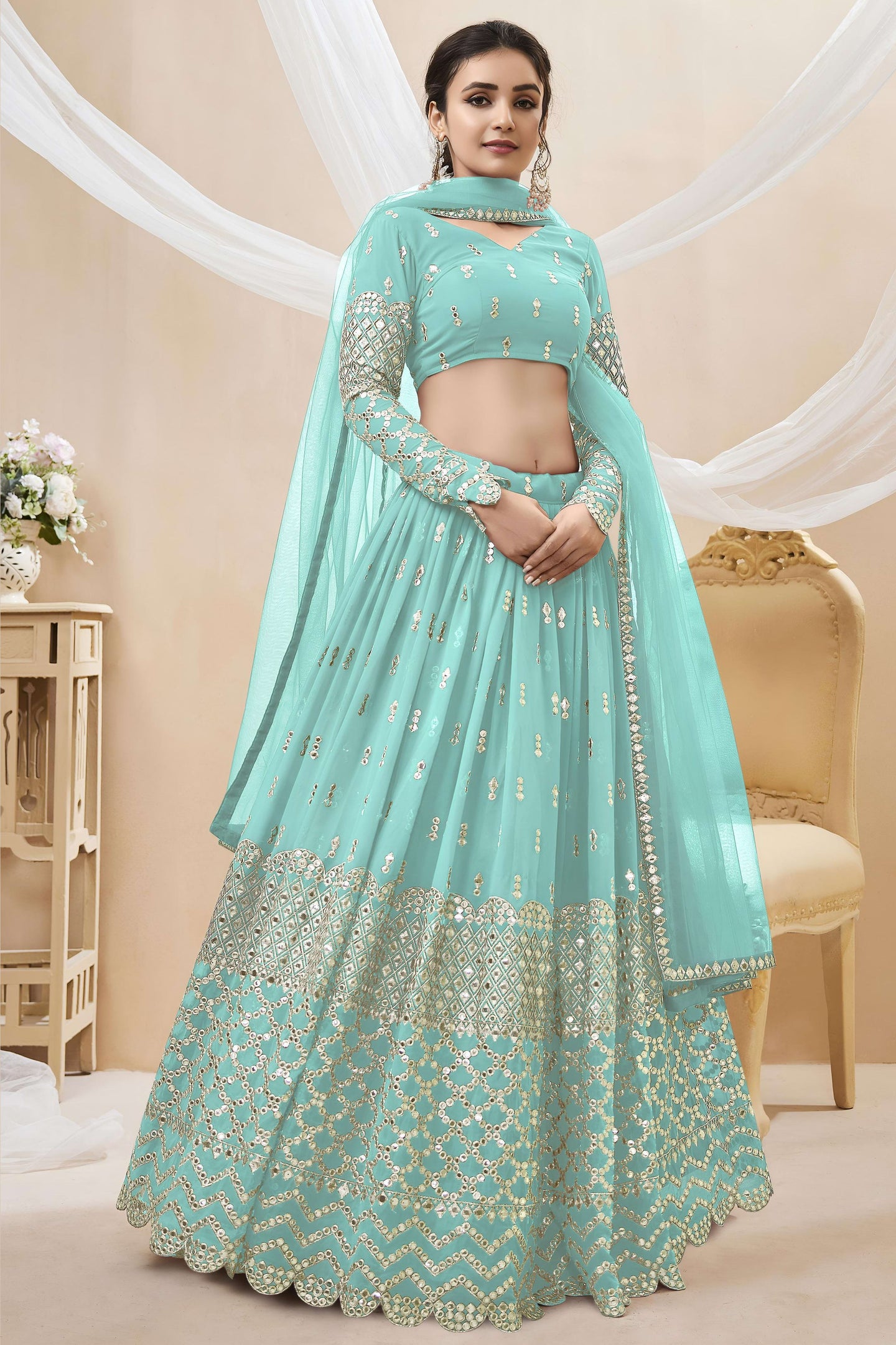 Sky Blue Georgette Lehenga Choli For Indian & Pakistani Wedding Festival - Sequins & Thread Embroidery Work, Zari Work