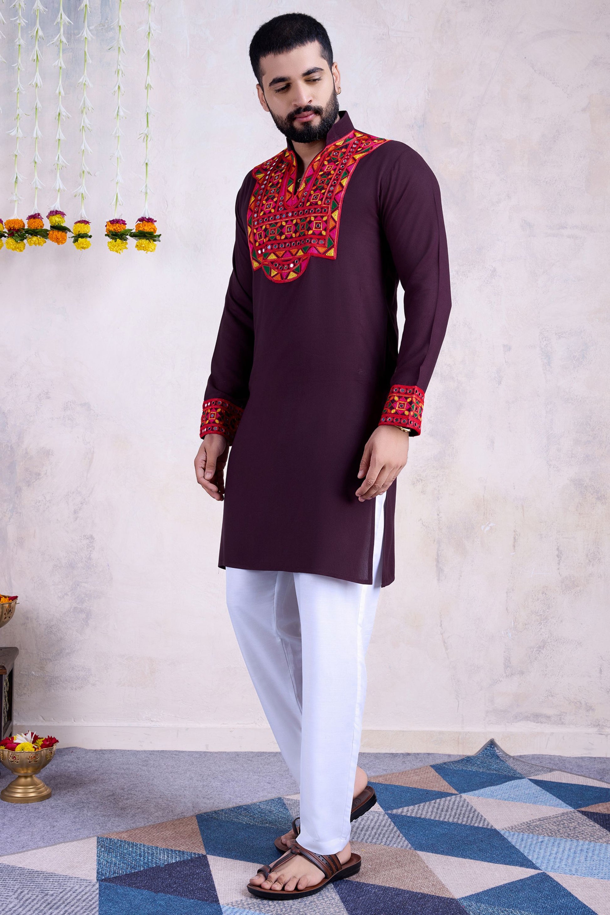 Purple Rayon Kurta Pyjama for Men For Navratri Garba Festivals - Embroidery Work, Real Mirror Work