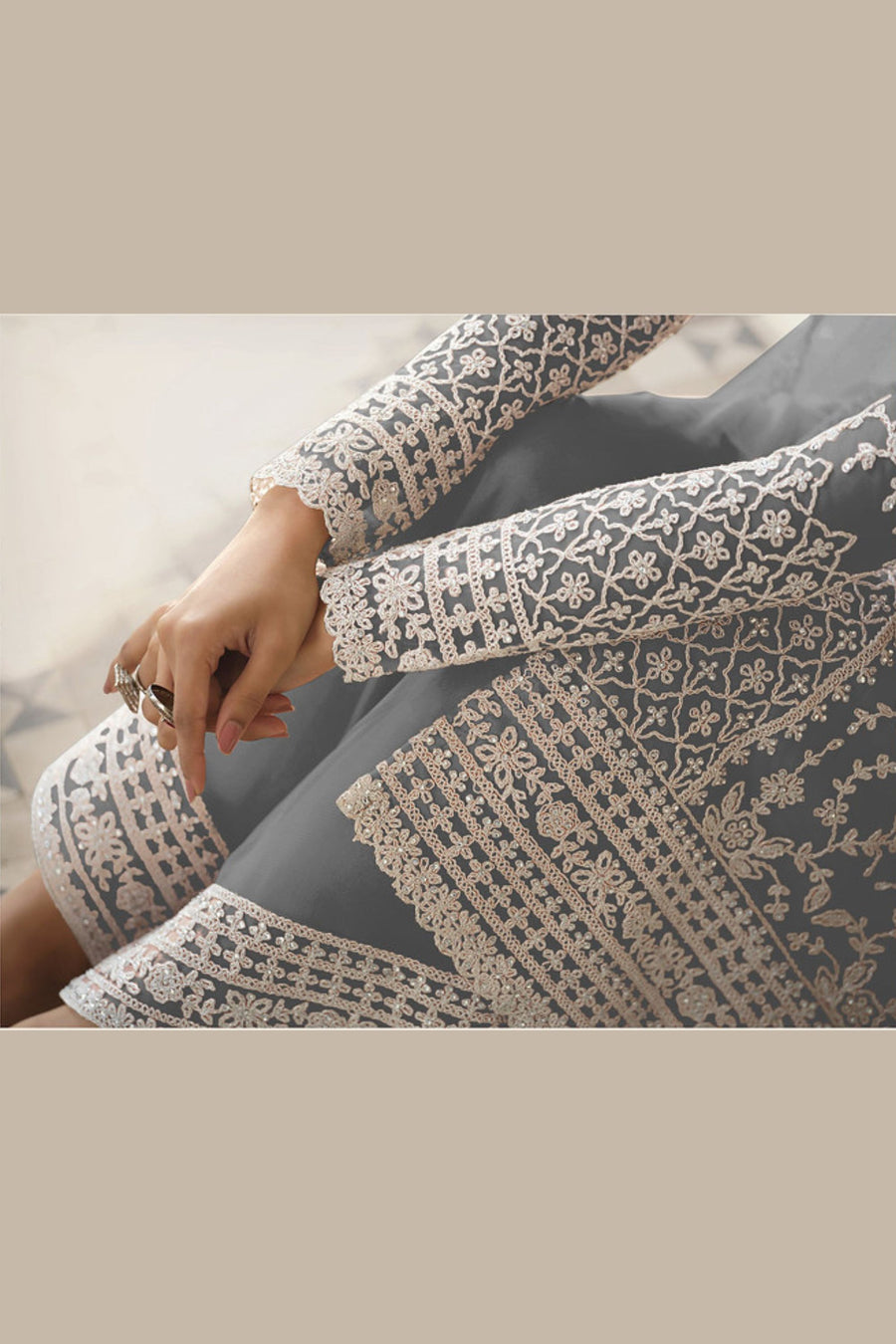 Gray Net & Cording Work Salwar Kameez Plazzo Suit For Indian Wedding & Festival - Embroidery Work, Cording Work