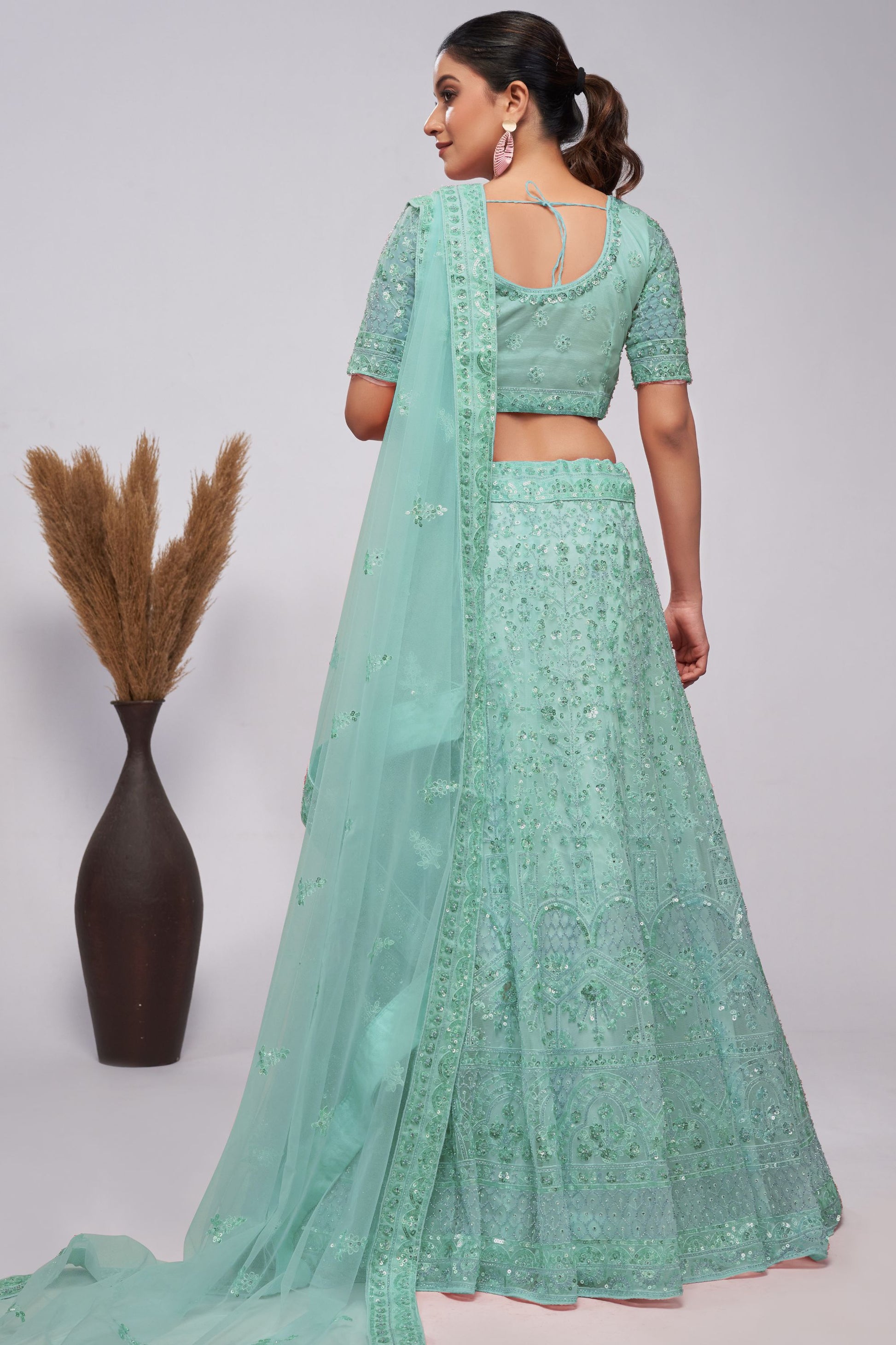 Seafoam Green Soft Net Lehenga Choli For Indian Festivals & Weddings - Sequins Work, Bead Work