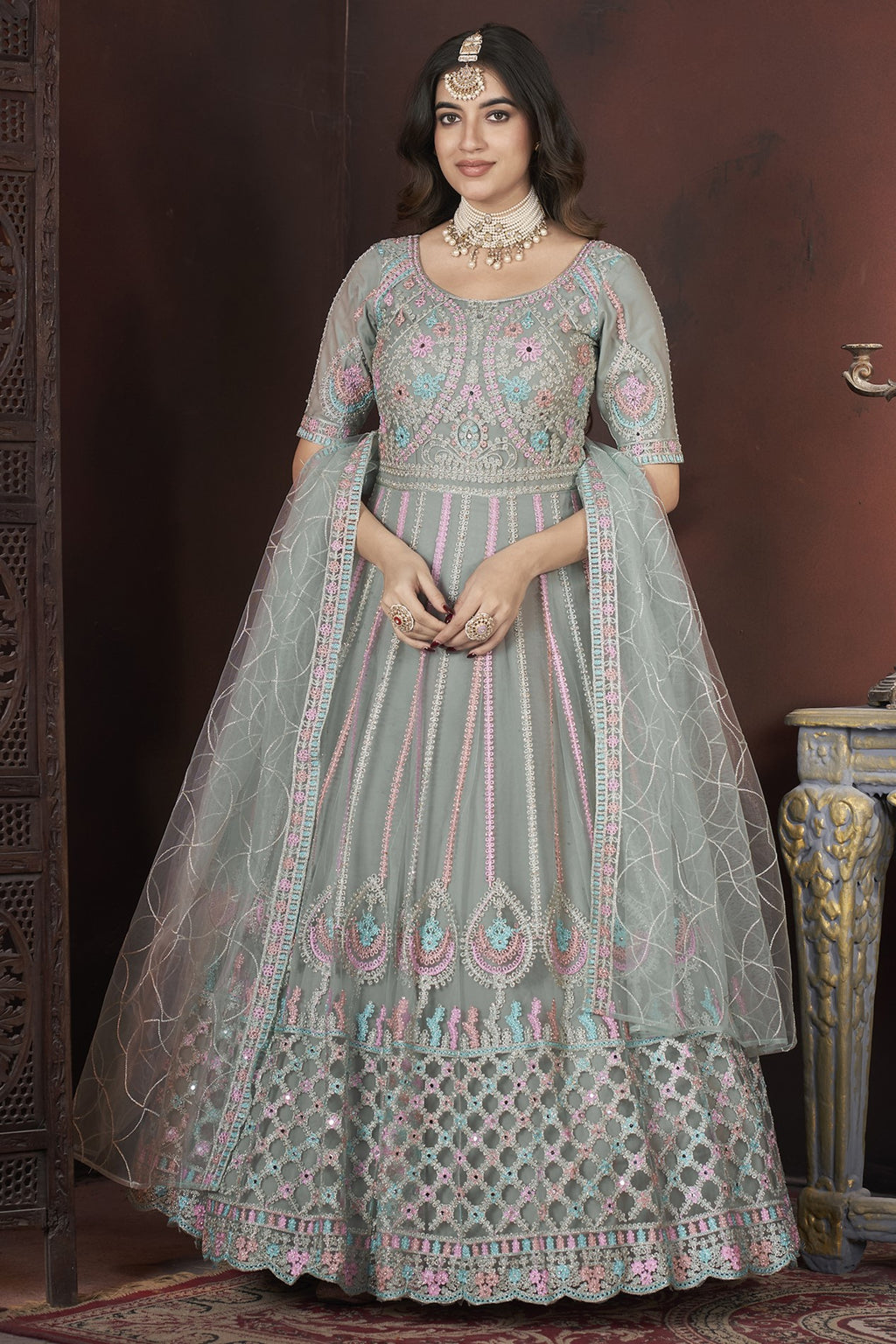 Gray Net Anarkali Gown For Indian Festivals & Weddings - Embroidery Work, Zarkan Work