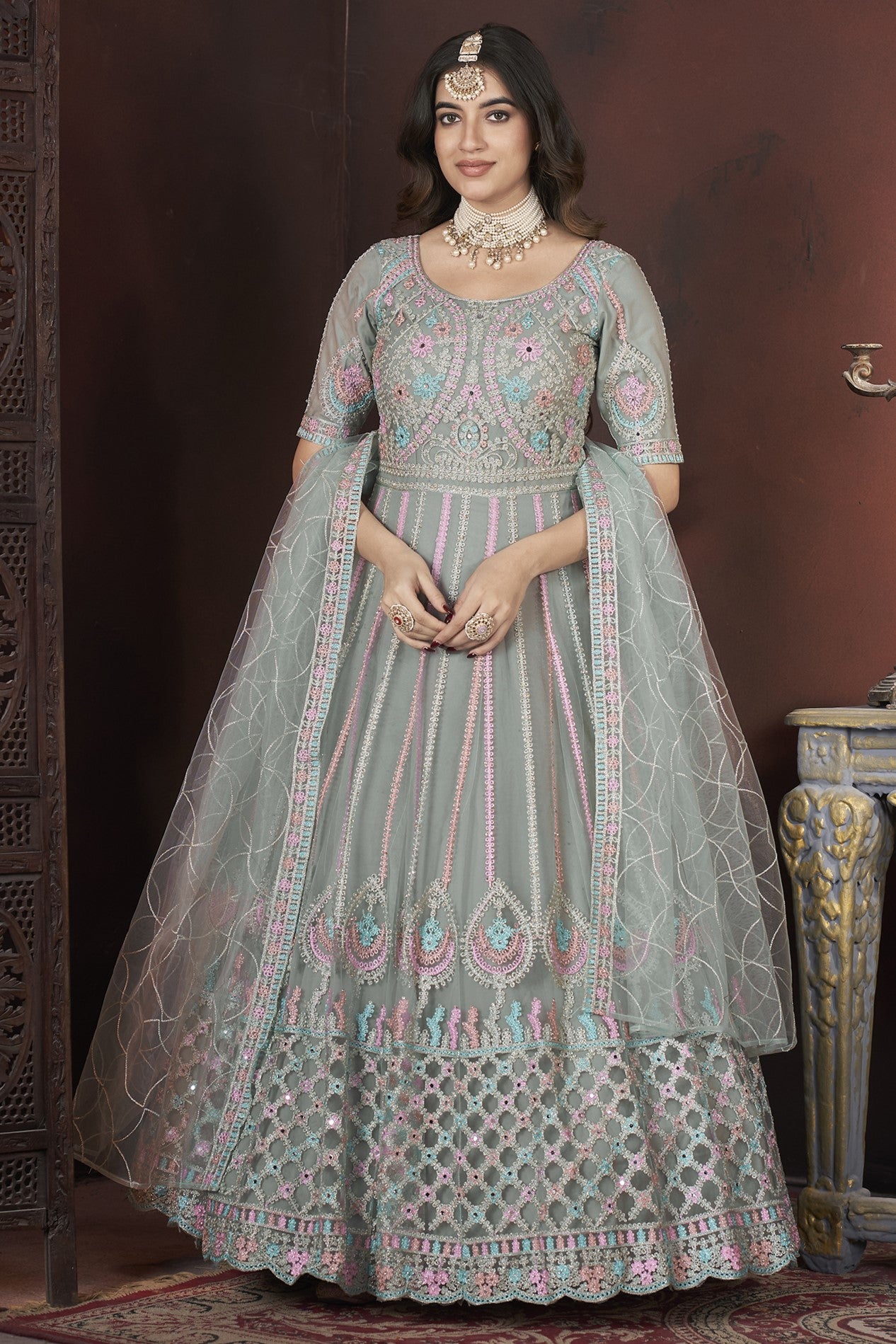 Gray Net Anarkali Gown For Indian Festivals & Weddings - Embroidery Work, Zarkan Work