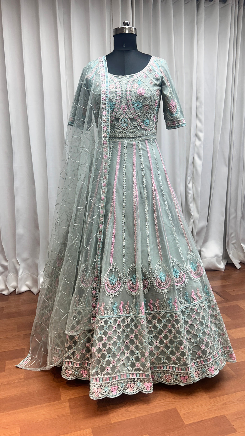 Gray Net Anarkali Gown For Indian Festivals & Weddings - Embroidery Work, Zarkan Work