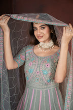 Gray Net Anarkali Gown For Indian Festivals & Weddings - Embroidery Work, Zarkan Work
