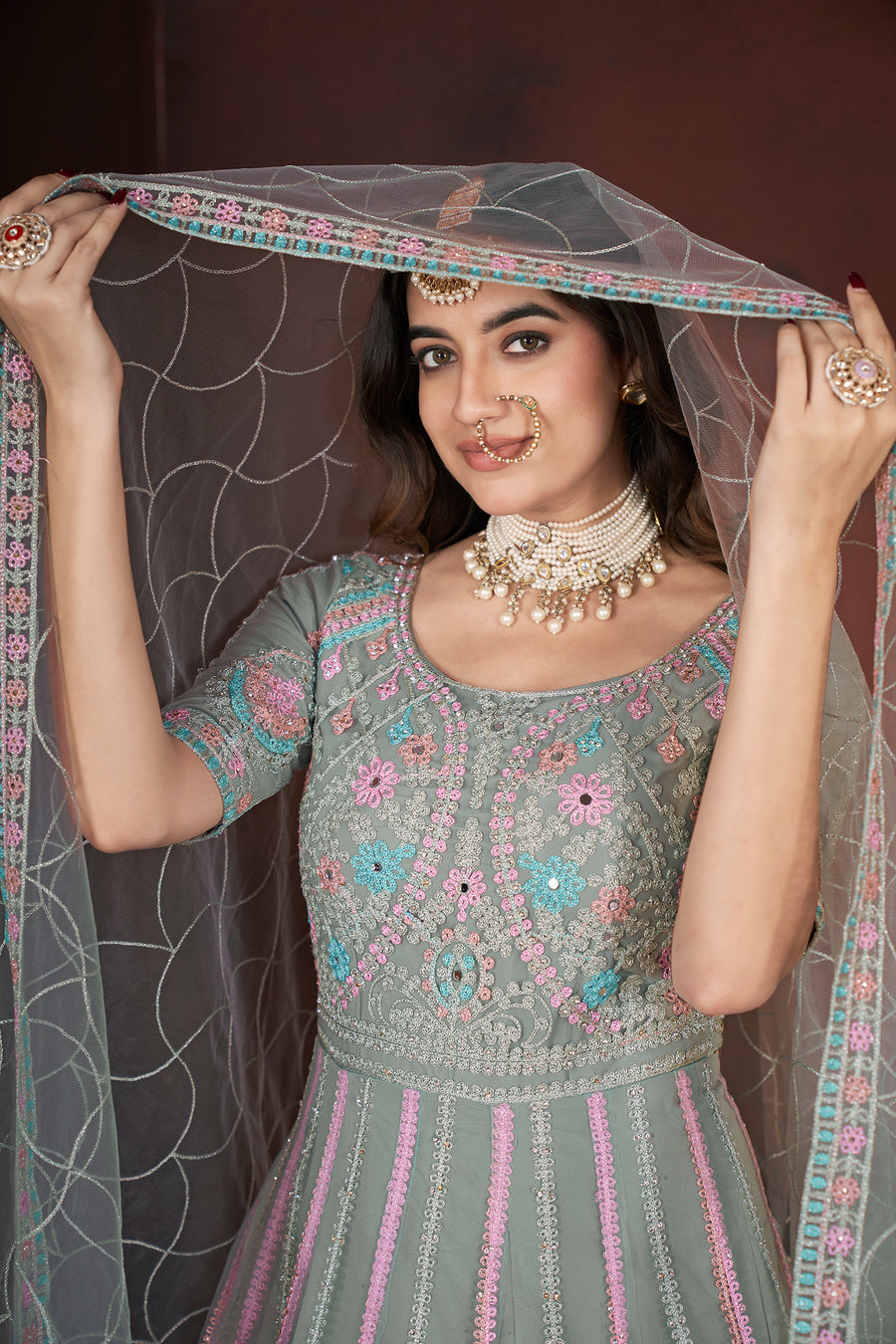Gray Net Anarkali Gown For Indian Festivals & Weddings - Embroidery Work, Zarkan Work