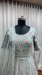 Gray Net Anarkali Gown For Indian Festivals & Weddings - Embroidery Work, Zarkan Work