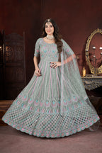 Gray Net Anarkali Gown For Indian Festivals & Weddings - Embroidery Work, Zarkan Work