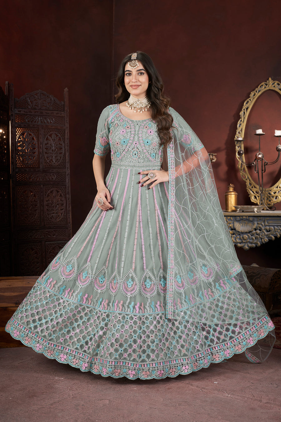 Gray Net Anarkali Gown For Indian Festivals & Weddings - Embroidery Work, Zarkan Work