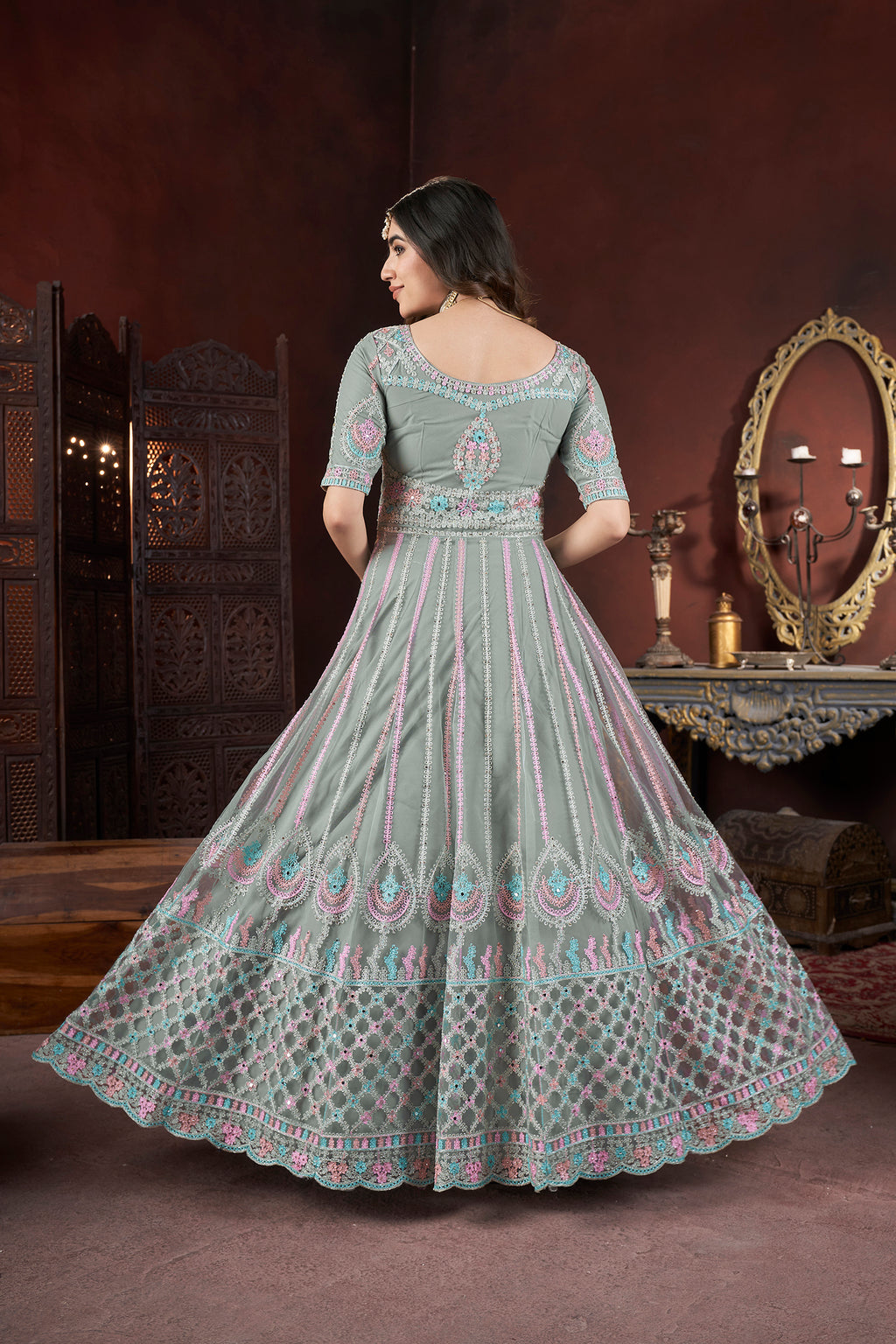 Gray Net Anarkali Gown For Indian Festivals & Weddings - Embroidery Work, Zarkan Work