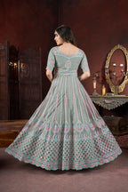 Gray Net Anarkali Gown For Indian Festivals & Weddings - Embroidery Work, Zarkan Work