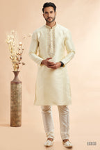 Cream Jacquard Art Silk Plain Kurta Pajama for Men for Festival & Wedding - Embroidery Work