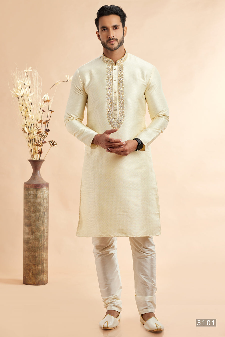 Cream Jacquard Art Silk Plain Kurta Pajama for Men for Festival & Wedding - Embroidery Work