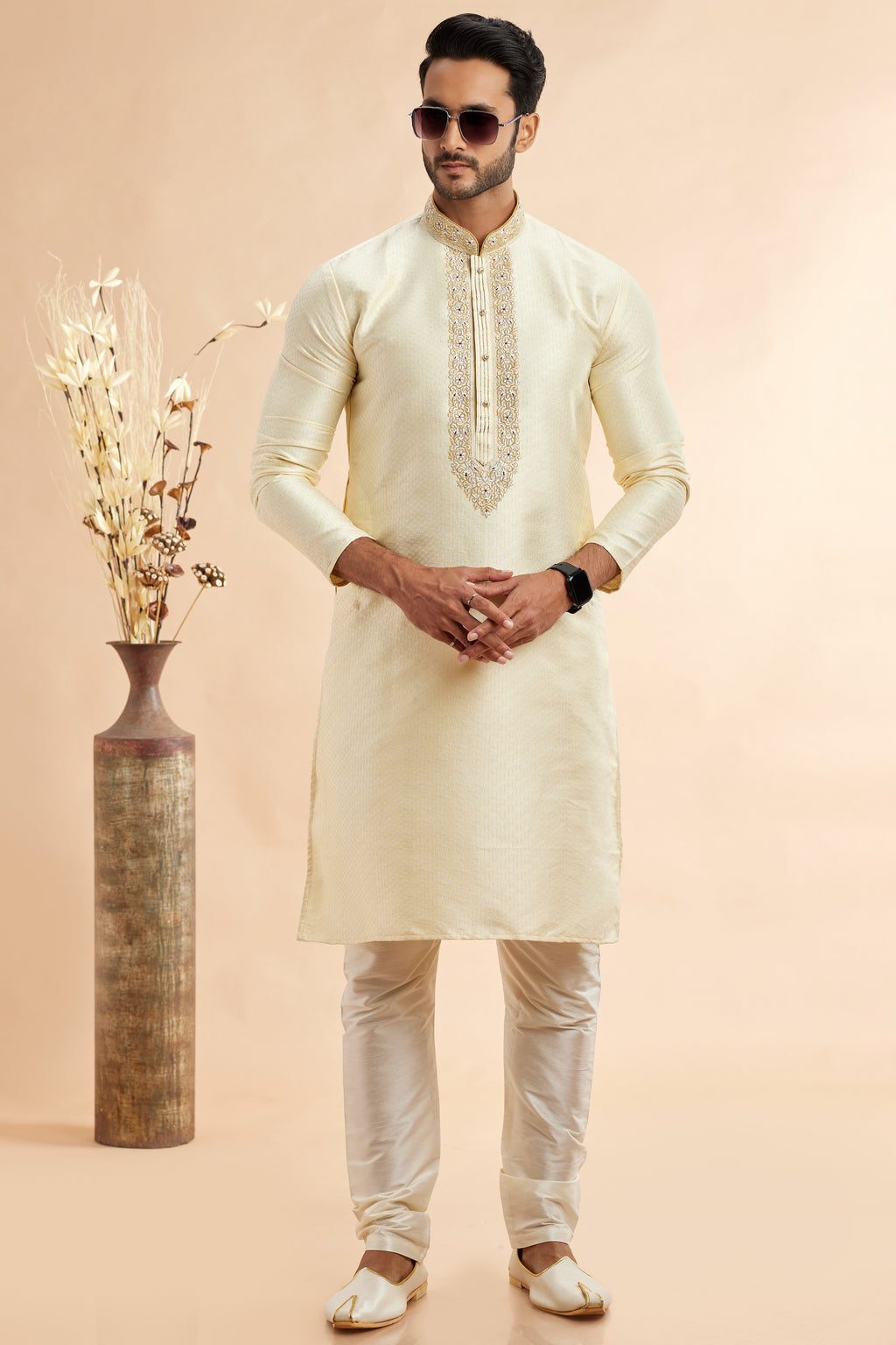 Cream Jacquard Art Silk Plain Kurta Pajama for Men for Festival & Wedding - Embroidery Work