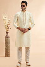 Cream Jacquard Art Silk Plain Kurta Pajama for Men for Festival & Wedding - Embroidery Work