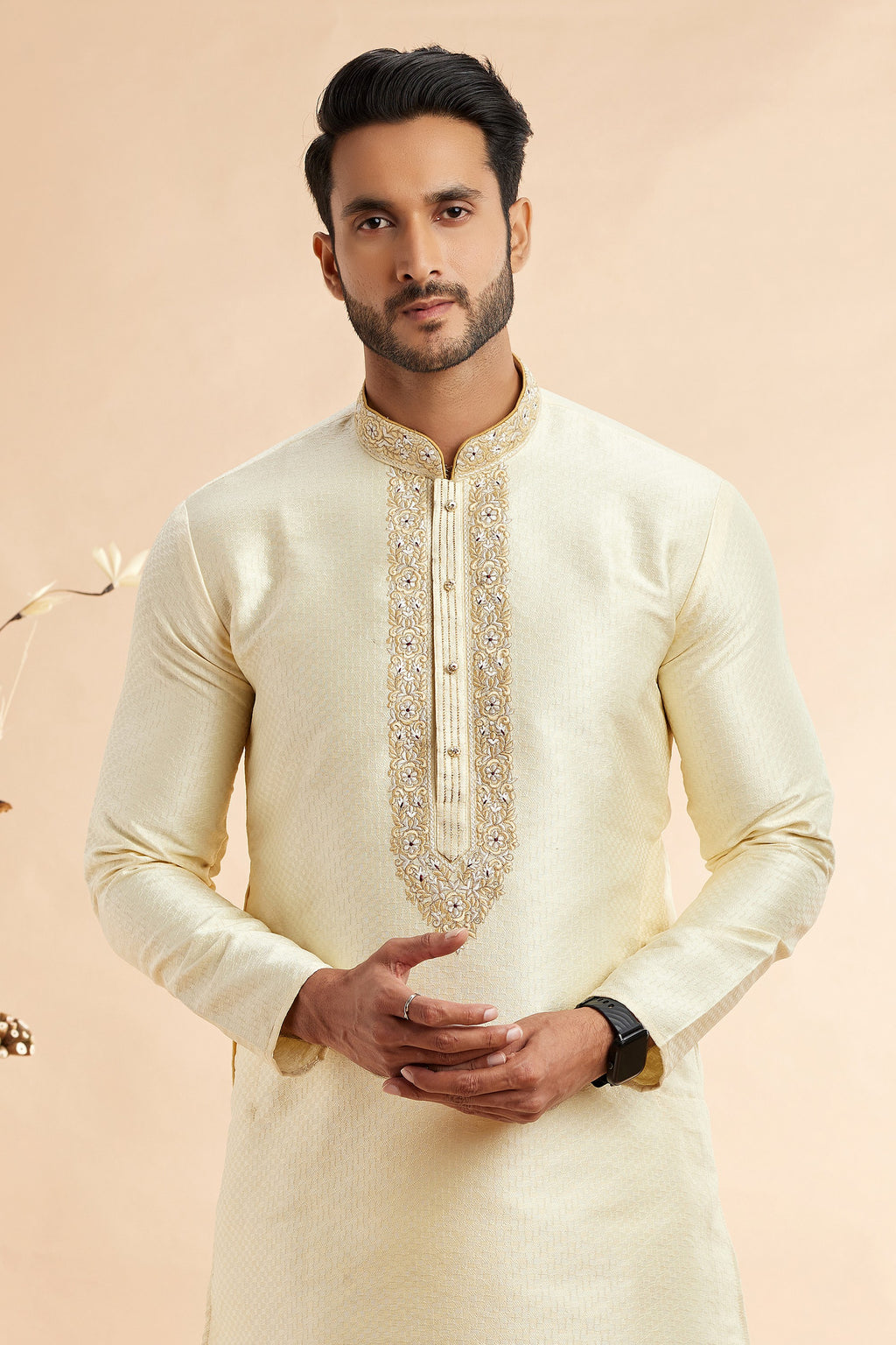 Cream Jacquard Art Silk Plain Kurta Pajama for Men for Festival & Wedding - Embroidery Work