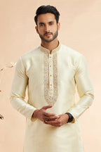 Cream Jacquard Art Silk Plain Kurta Pajama for Men for Festival & Wedding - Embroidery Work