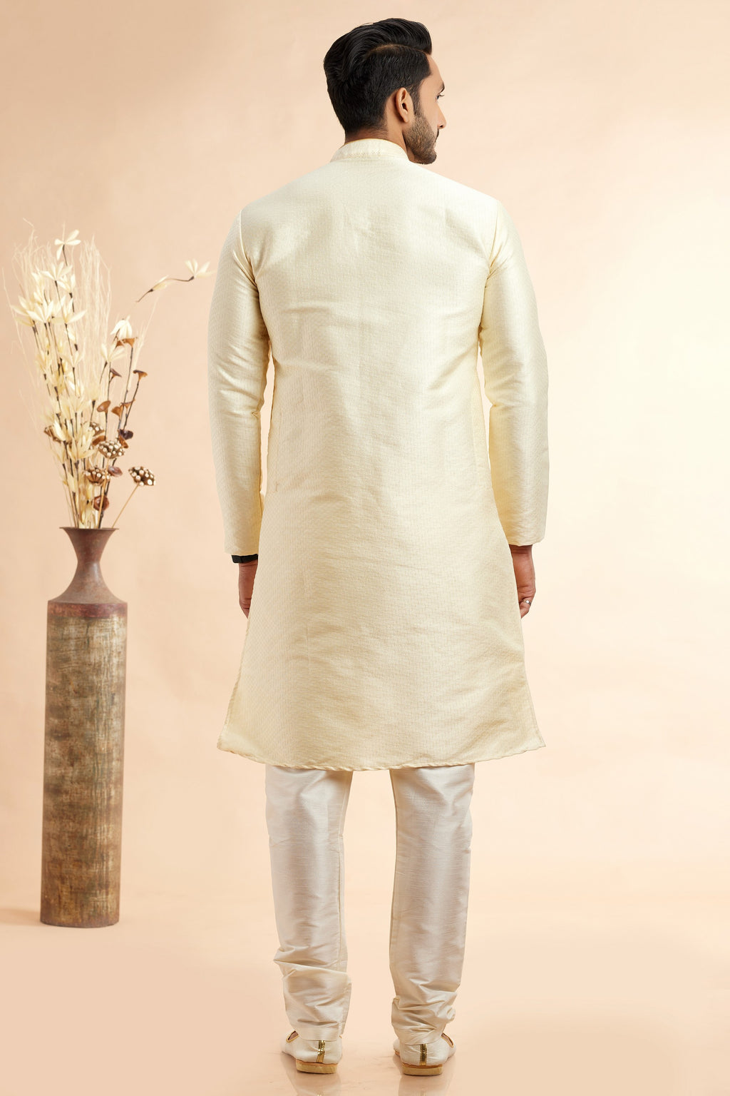 Cream Jacquard Art Silk Plain Kurta Pajama for Men for Festival & Wedding - Embroidery Work