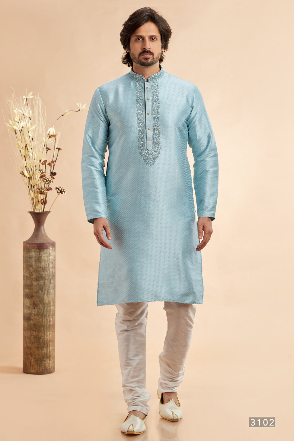 Sky Blue Jacquard Art Silk Plain Kurta Pajama for Men for Festival & Wedding - Embroidery Work