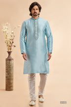 Sky Blue Jacquard Art Silk Plain Kurta Pajama for Men for Festival & Wedding - Embroidery Work