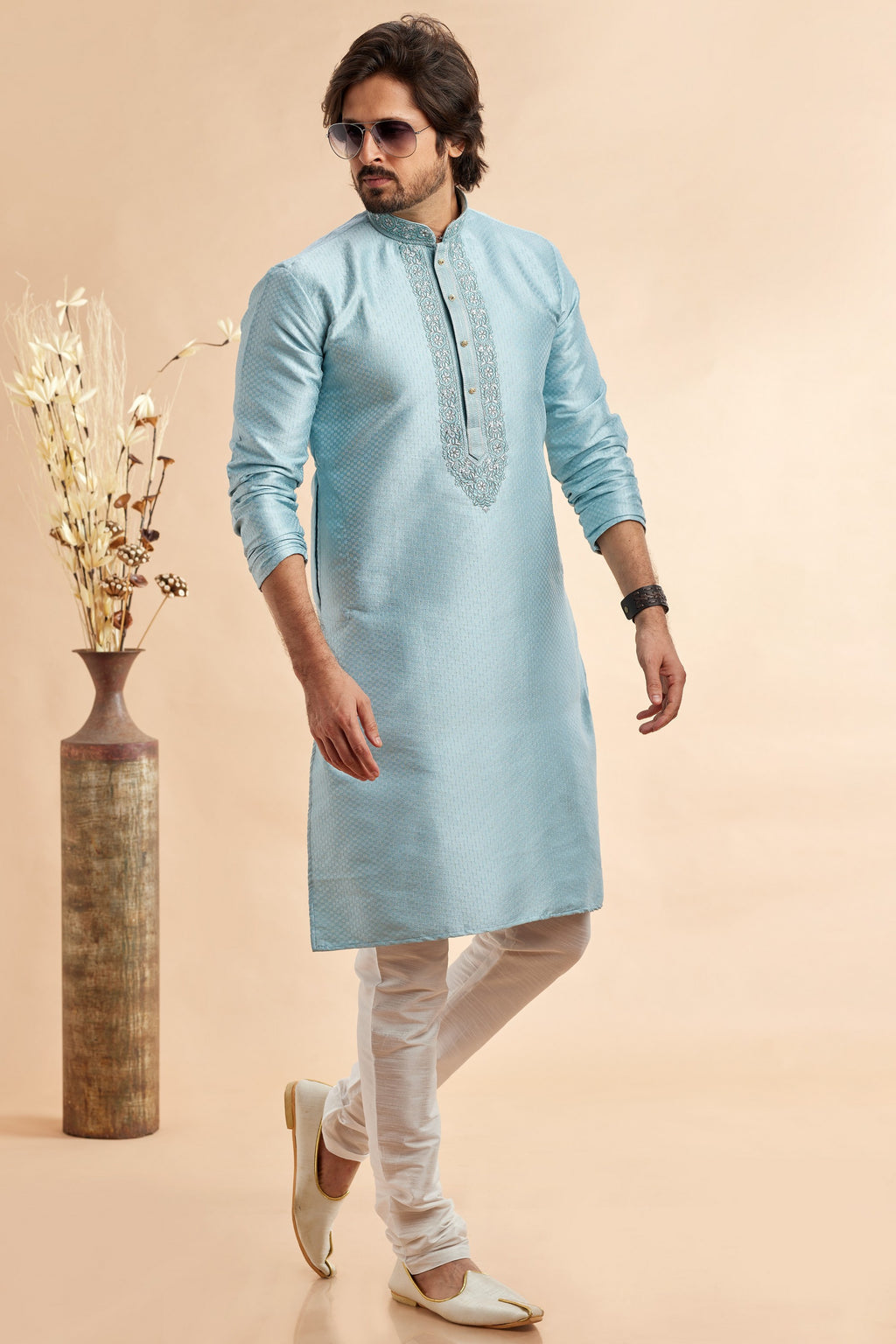 Sky Blue Jacquard Art Silk Plain Kurta Pajama for Men for Festival & Wedding - Embroidery Work