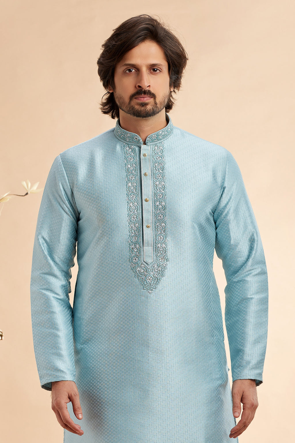 Sky Blue Jacquard Art Silk Plain Kurta Pajama for Men for Festival & Wedding - Embroidery Work