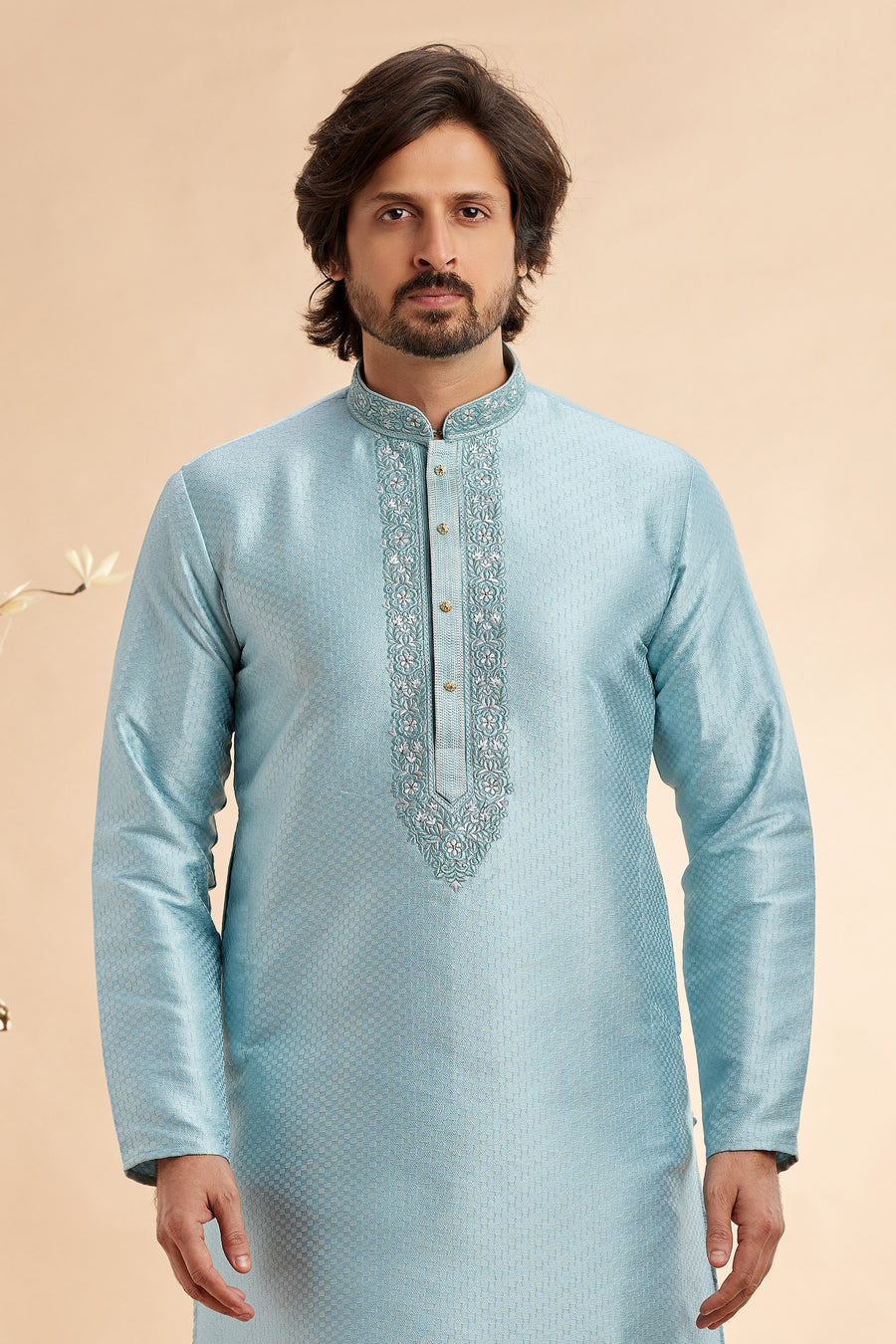 Sky Blue Jacquard Art Silk Plain Kurta Pajama for Men for Festival & Wedding - Embroidery Work