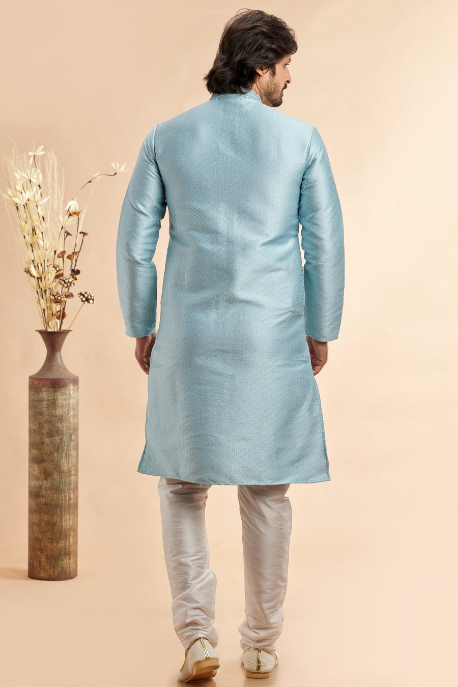 Sky Blue Jacquard Art Silk Plain Kurta Pajama for Men for Festival & Wedding - Embroidery Work