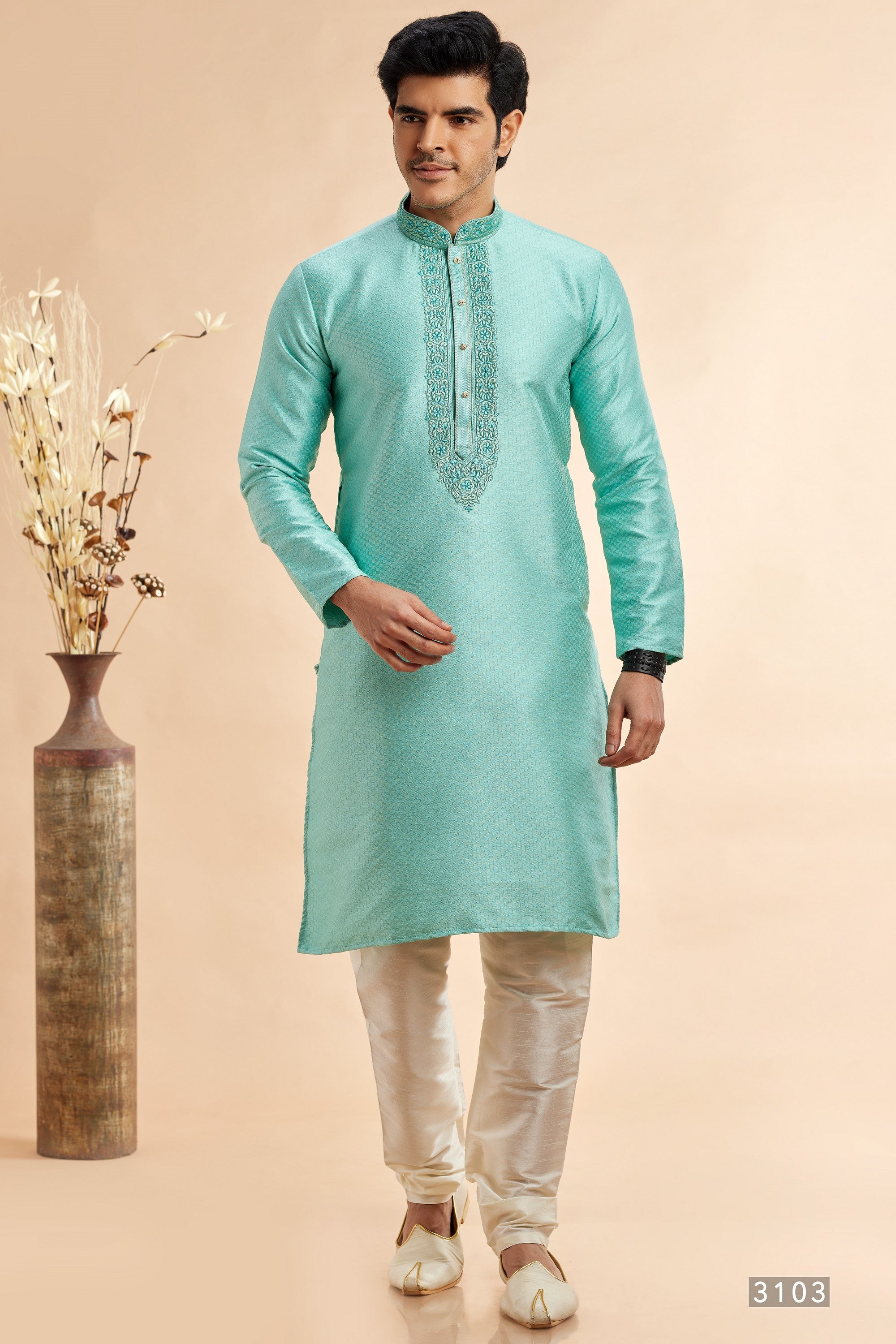 Turquoise Jacquard Art Silk Plain Kurta Pajama for Men for Festival & Wedding - Embroidery Work
