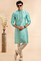 Turquoise Jacquard Art Silk Plain Kurta Pajama for Men for Festival & Wedding - Embroidery Work