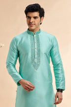 Turquoise Jacquard Art Silk Plain Kurta Pajama for Men for Festival & Wedding - Embroidery Work