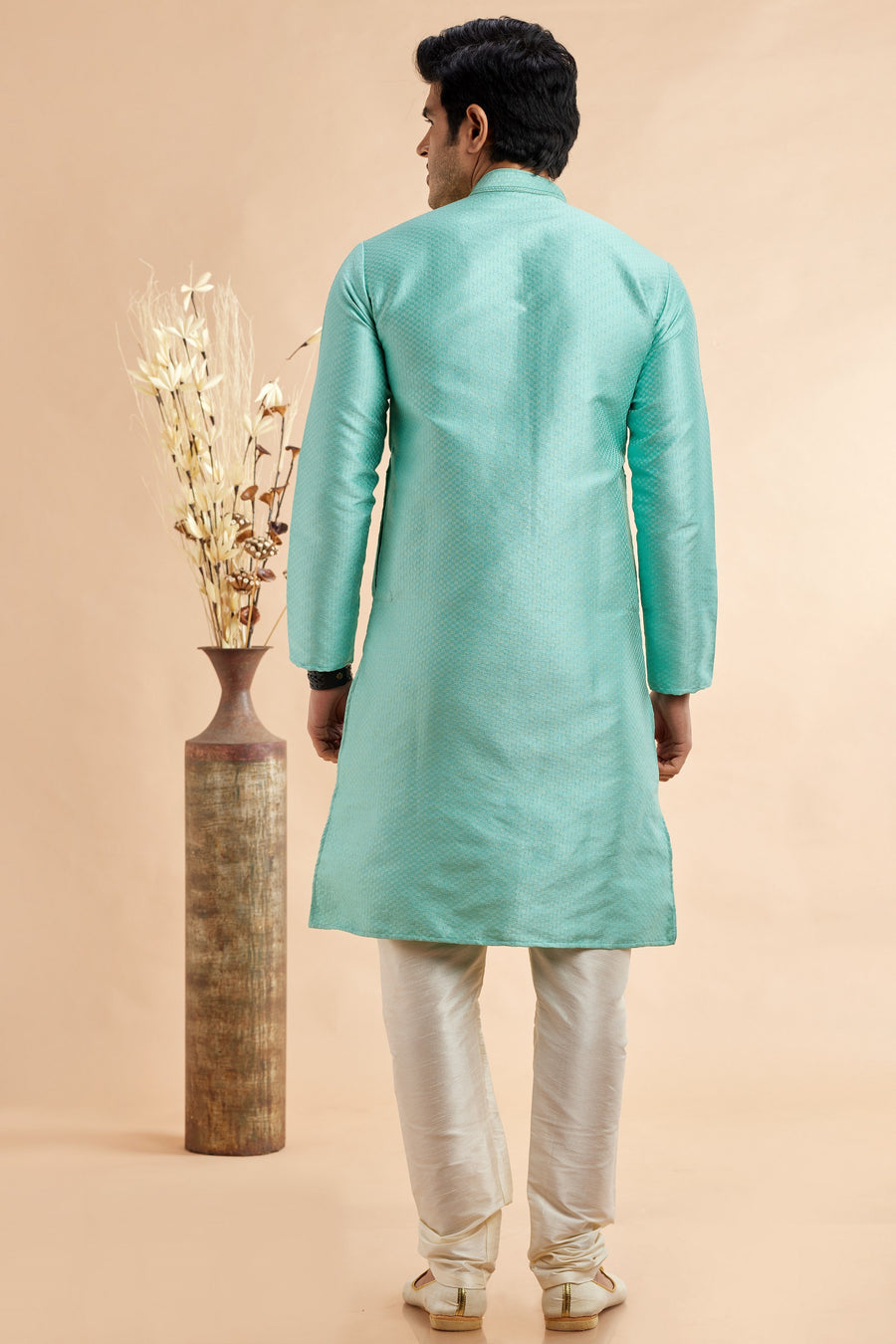 Turquoise Jacquard Art Silk Plain Kurta Pajama for Men for Festival & Wedding - Embroidery Work