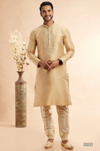 Golden Jacquard Art Silk Plain Kurta Pajama for Men for Festival & Wedding - Embroidery Work