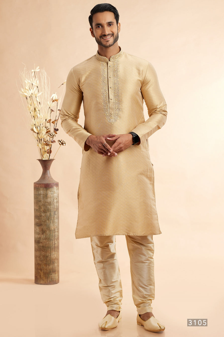 Golden Jacquard Art Silk Plain Kurta Pajama for Men for Festival & Wedding - Embroidery Work