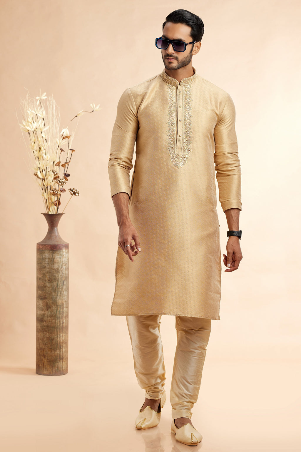 Golden Jacquard Art Silk Plain Kurta Pajama for Men for Festival & Wedding - Embroidery Work