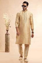 Golden Jacquard Art Silk Plain Kurta Pajama for Men for Festival & Wedding - Embroidery Work