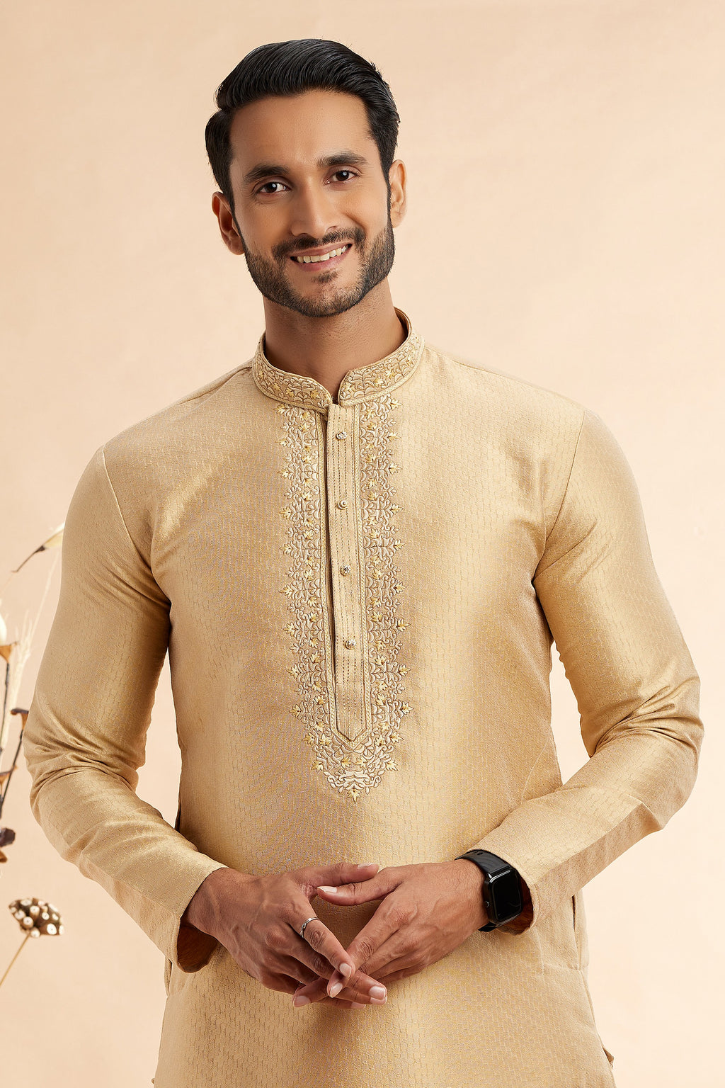 Golden Jacquard Art Silk Plain Kurta Pajama for Men for Festival & Wedding - Embroidery Work