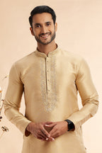 Golden Jacquard Art Silk Plain Kurta Pajama for Men for Festival & Wedding - Embroidery Work