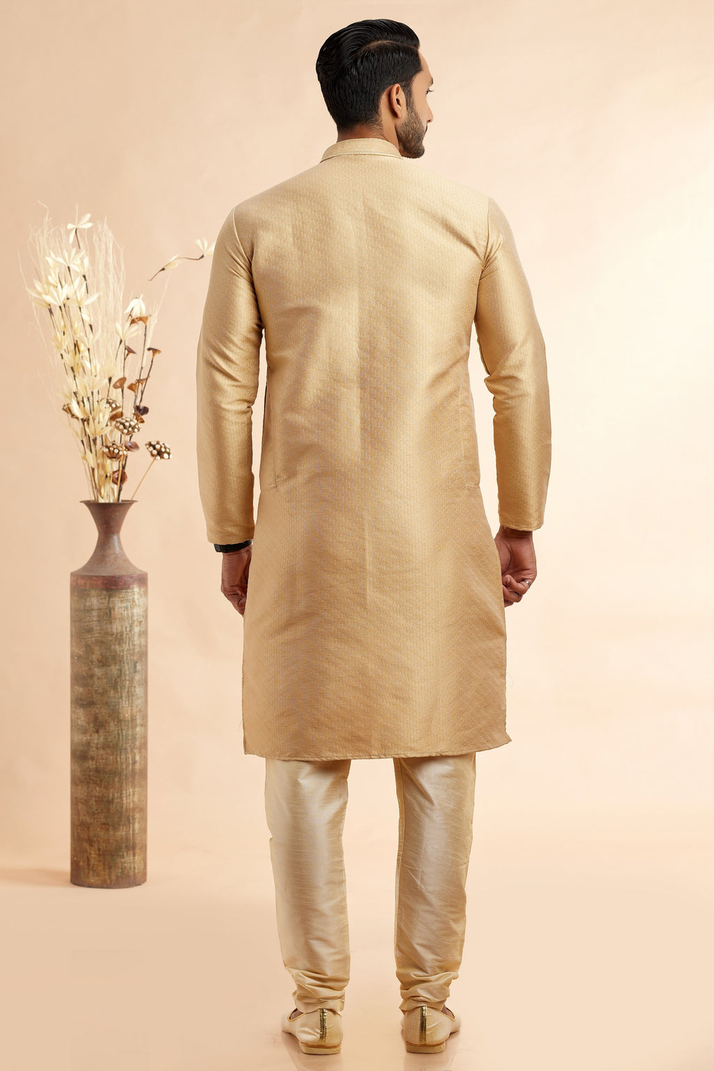 Golden Jacquard Art Silk Plain Kurta Pajama for Men for Festival & Wedding - Embroidery Work