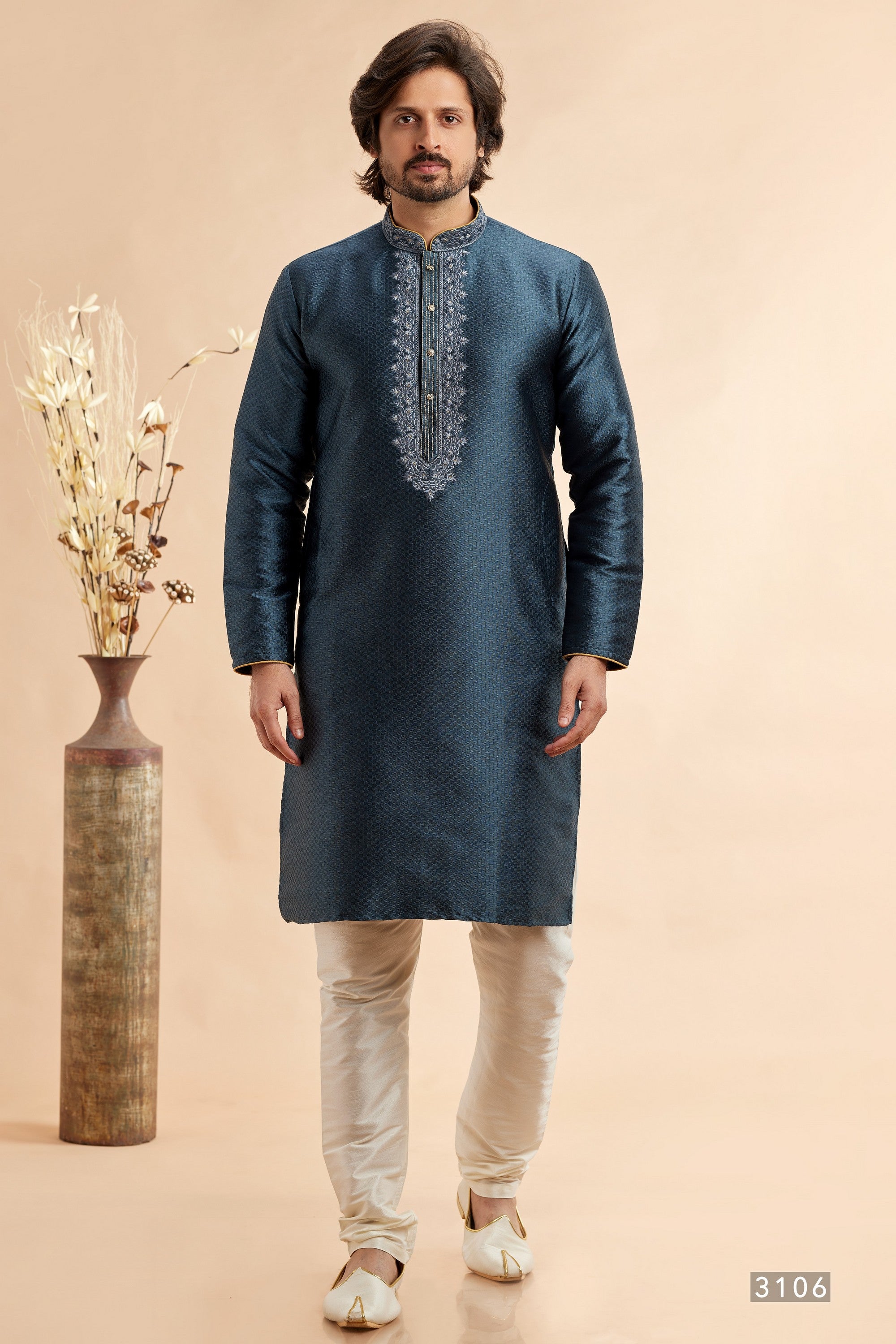 Dark Gray Jacquard Art Silk Plain Kurta Pajama for Men for Festival & Wedding - Embroidery Work