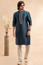 Dark Gray Jacquard Art Silk Plain Kurta Pajama for Men for Festival & Wedding - Embroidery Work