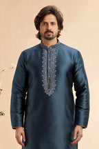 Dark Gray Jacquard Art Silk Plain Kurta Pajama for Men for Festival & Wedding - Embroidery Work