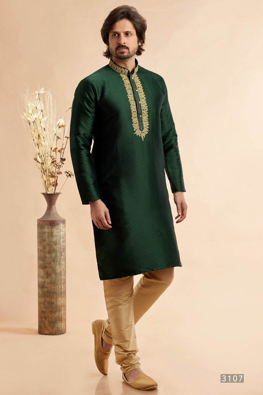 Green Jacquard Art Silk Plain Kurta Pajama for Men for Festival & Wedding - Embroidery Work