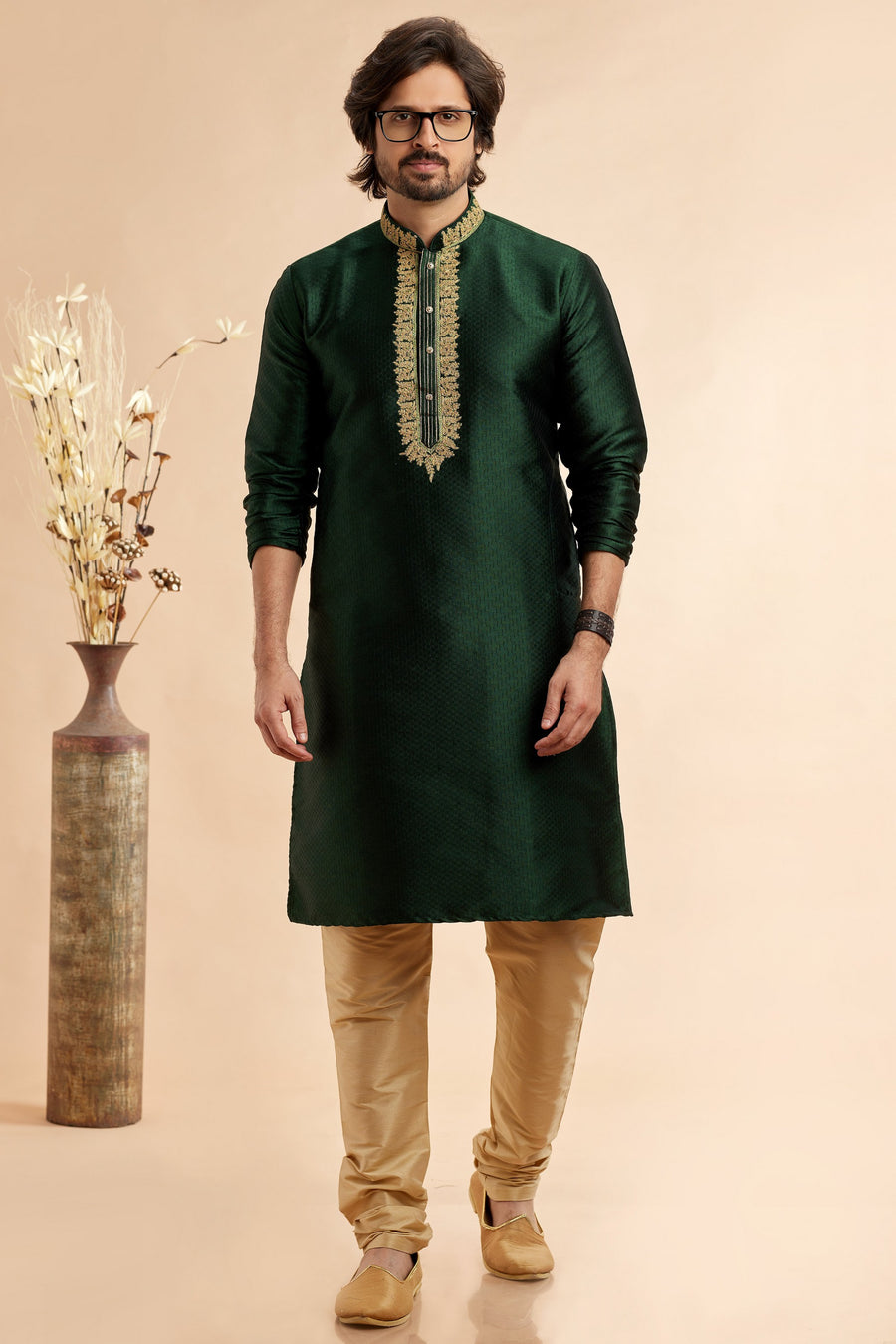 Green Jacquard Art Silk Plain Kurta Pajama for Men for Festival & Wedding - Embroidery Work
