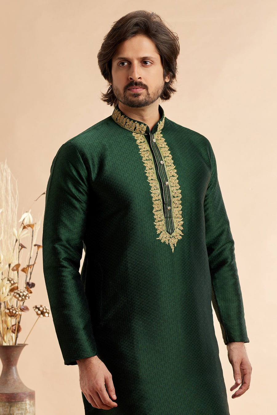 Green Jacquard Art Silk Plain Kurta Pajama for Men for Festival & Wedding - Embroidery Work