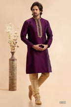 Dark Purple Jacquard Art Silk Plain Kurta Pajama for Men for Festival & Wedding - Embroidery Work